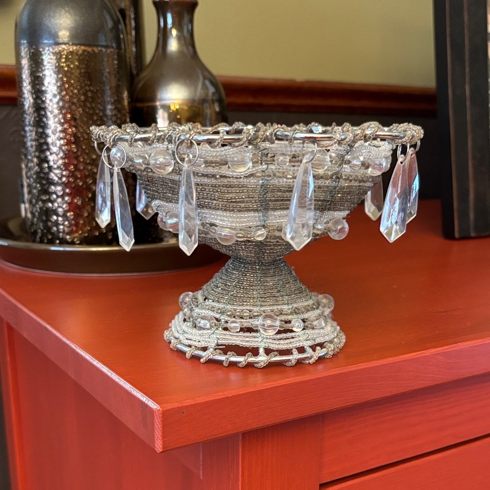 Vintage Elegant Silver Decorative Bowl with Crystal Accents